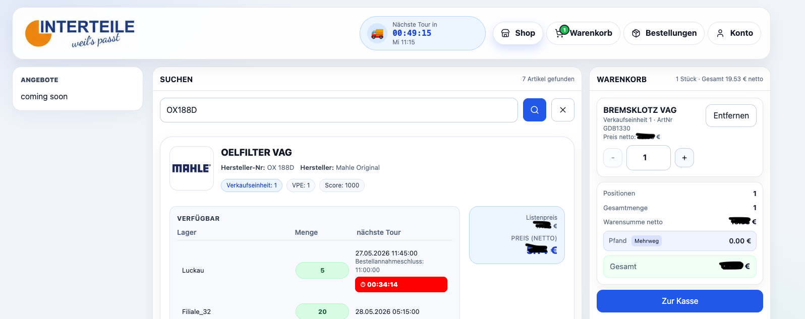 B2B-Shop Artikelsuche mit Touranzeige und Warenkorb